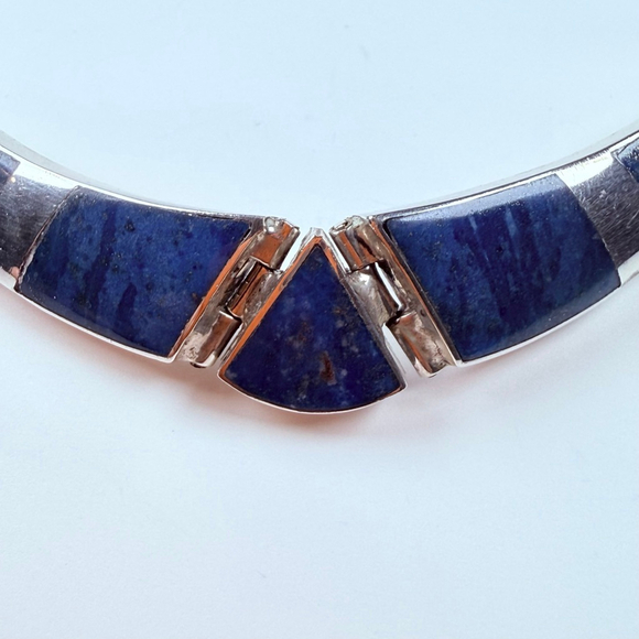 Modernist Lapis Lazuli Artisan Sterling Silver 950 Vintage MCM Collar Necklace - Picture 8 of 9